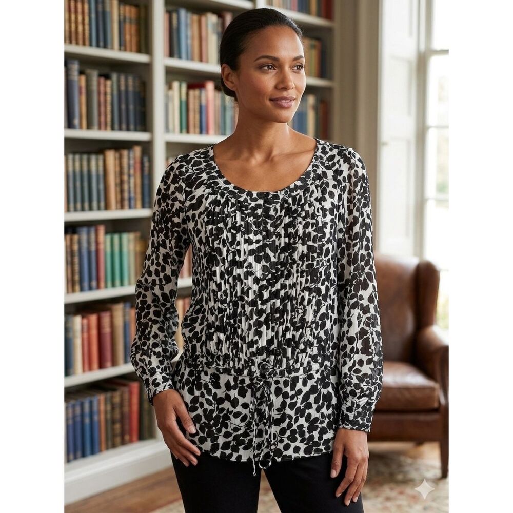 Take 50% OFF- George Black and White Leaf Print Peasant Blouse, Size-1X (16W)